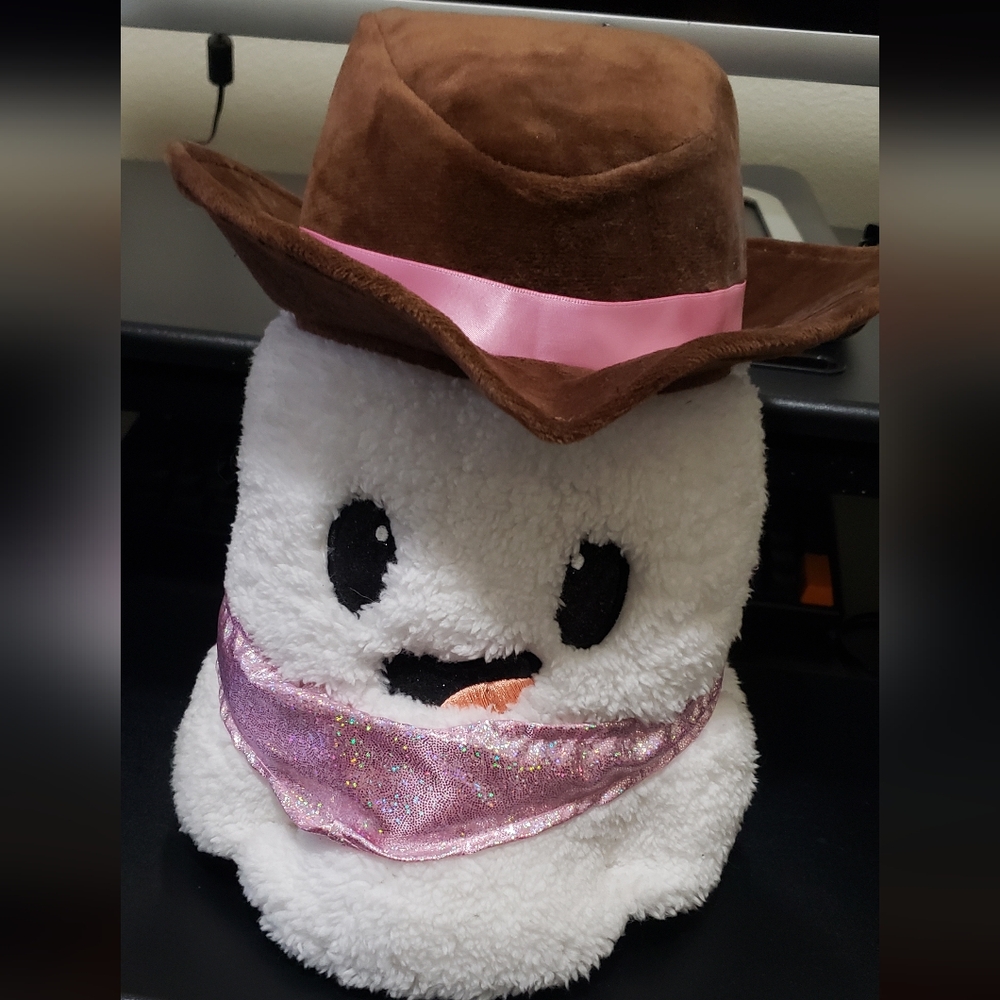 Plush Cowgirl Ghost with Brown Hat and Pink Scarf